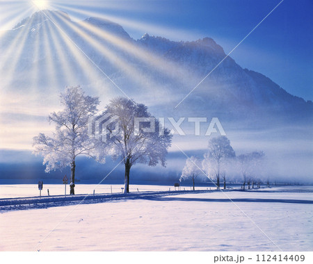 厳冬期のババリア地方の雪景色 112414409