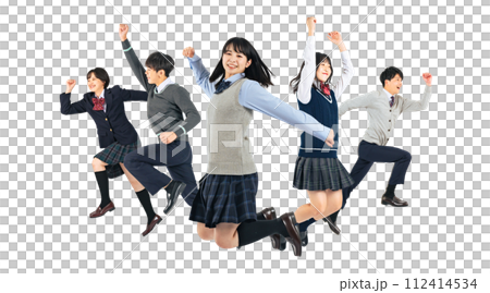 A group of junior high and high school students jumping - Full body photo PNG with a transparent background precisely cut out by hand 112414534
