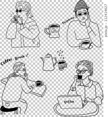 コーヒーを飲むいろいろな人のイラスト コーヒーを飲むいろいろな人のイラスト 112414627