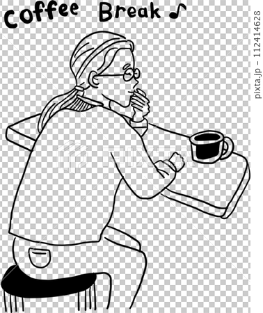 Line drawing illustration of a woman drinking coffee at a cafe Line drawing illustration of a woman drinking coffee at a cafe 112414628