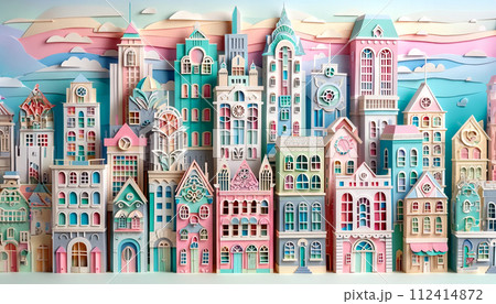 ペーパークラフトのカラフルな街 112414872