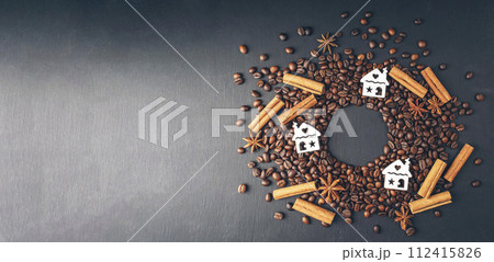 Coffee beans on black background, top view, copy space. Roasted coffee. Winter. Christmas. Cozy 112415826