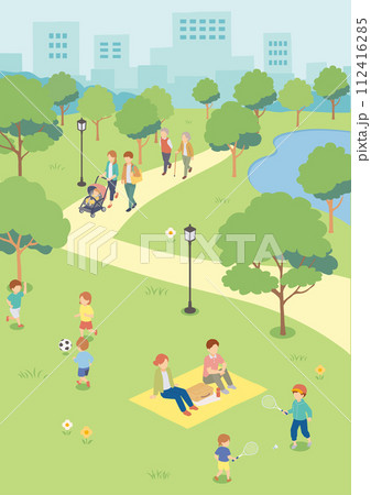 新緑の公園にいる人々のイラスト 新緑の公園にいる人々のイラスト 112416285