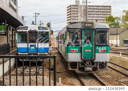 吉野川を下り到着した特急剣山とローカル列車 112416345
