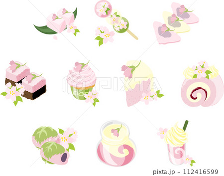 桜餅やプリンやスムージーなど、可愛くて美味しそうな桜のスイーツのアイコン 112416599