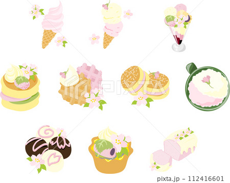 ラテやチョコレートやタルトやパウンドケーキなど、可愛くて美味しそうな桜のスイーツのアイコン 112416601