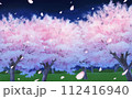 水彩風の夜桜　桜吹雪あり 112416940