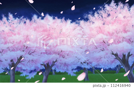 水彩風の夜桜 桜吹雪ありのイラスト素材 [112416940] - PIXTA