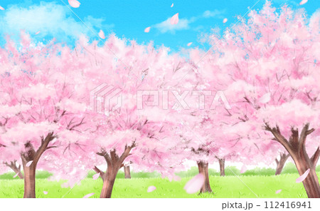 水彩風の満開の桜　桜吹雪あり 112416941
