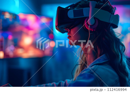 Gaming Wonderland: Woman Lost in Virtual Reality Adventure 112416994