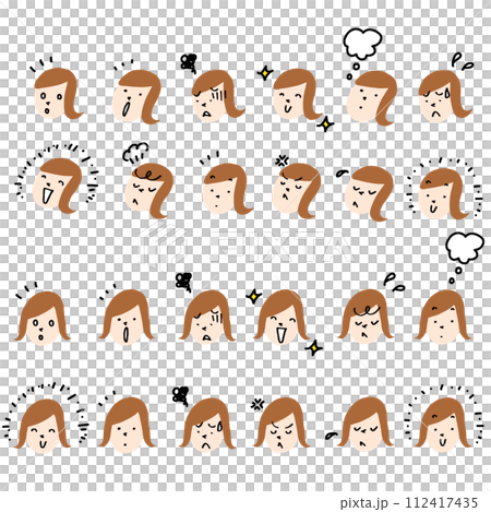 Set of female face illustrations with various expressions 112417435