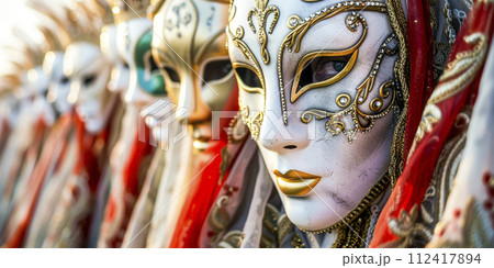 Venetian Mask Reflected in Water at Sunset 112417894