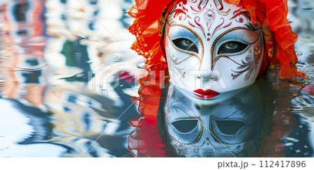 Venetian Mask Reflected in Water at Sunset 112417896