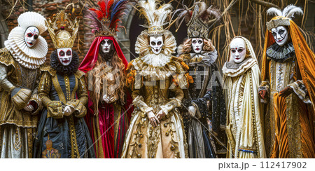 Group of People in Extravagant Venetian Costumes 112417902