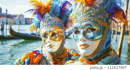 Colorful Venetian Masks Overlooking Canal 112417907
