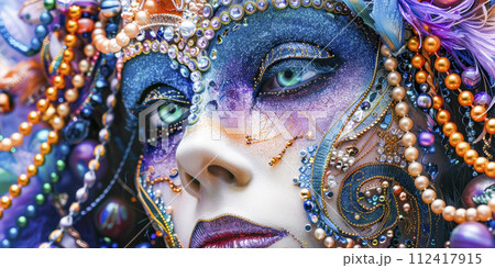 Intricate Venetian Mask with Pearls and Feathers Intricate Venetian Mask with Pearls and Feathers 112417915