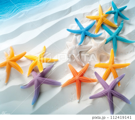 Colorful starfish is scattered across the sandy beach, in the style of minimalist backgrounds. Summer concept Colorful starfish is scattered across the sandy beach, in the style of minimalist backgrounds. Summer concept 112419141