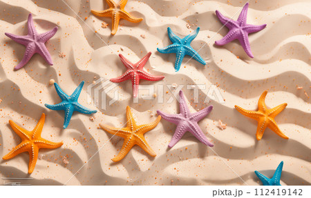 Colorful starfish is scattered across the sandy beach, in the style of minimalist backgrounds. Summer concept Colorful starfish is scattered across the sandy beach, in the style of minimalist backgrounds. Summer concept 112419142