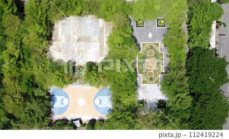 Drone view from above the city square, there are several fields and parks usually used by sports on holidays Drone view from above the city square, there are several fields and parks usually used by sports on holidays 112419224