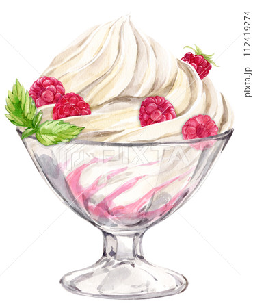 Whipped cream and ripe raspberries in a dessert glass. Watercolor illustration. Refreshing summer dessert, frozen yogurt and berries, mint. Clipart for cafe, restaurant menu. 112419274