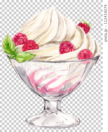 Whipped cream and ripe raspberries in a dessert glass. Watercolor illustration. Refreshing summer dessert, frozen yogurt and berries, mint. Clipart for cafe, restaurant menu. 112419274