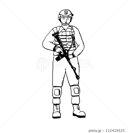Vector standing soldier in uniform with assault riffle black and white ink illustration for war and peace designs or Veteran Day. Front view 112419325