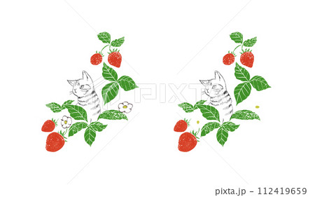 ハンコ風のグランジ加工を施したイチゴと猫のイラストフレーム(薄色背景・濃色背景用) ハンコ風のグランジ加工を施したイチゴと猫のイラストフレーム(薄色背景・濃色背景用) 112419659