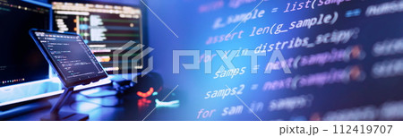 Work from home. Programmer coding code on notebook screen at home. 112419707