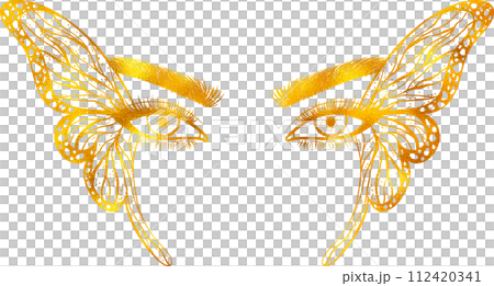 Female eyes with butterfly wings with golden foil effect. Female eyes with butterfly wings with golden foil effect. 112420341