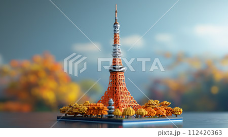 3Dモデリングされたボクセルアートの東京タワー 112420363