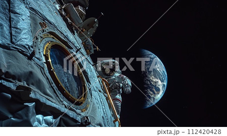 Astronaut Exiting Spacecraft With Earth In The Background. Human Space Flight. AI Generated 112420428