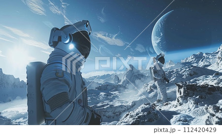 Astronauts Observing Distant Earth From Snowy Extra-Terrestrial Surface. Space Flight. AI Generated 112420429