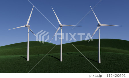 3d illustration Three wind turbines are standing on a green hillside 3d illustration Three wind turbines are standing on a green hillside 112420691