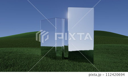 3d illustration Three rectangular pieces of glass are reflected in the grass 3d illustration Three rectangular pieces of glass are reflected in the grass 112420694