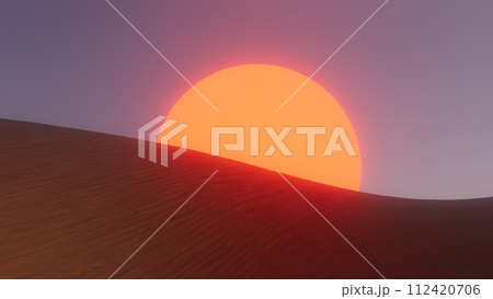 3d illustration huge red setting sun in desert dunes 112420706