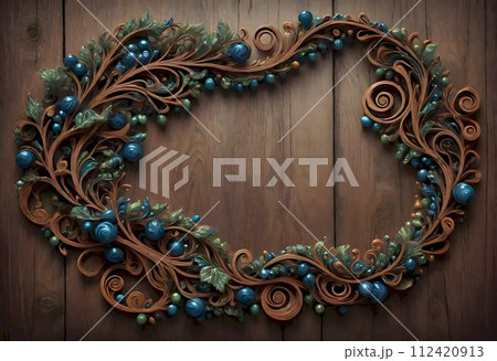 Circular Ornamental Design with Blue Embellishments Showcased Against a Wooden Backdrop, Generative AI 112420913