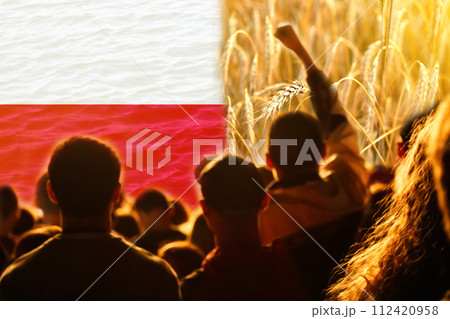 Farmers protest in Poland. Flag, wheat and people background Farmers protest in Poland. Flag, wheat and people background 112420958