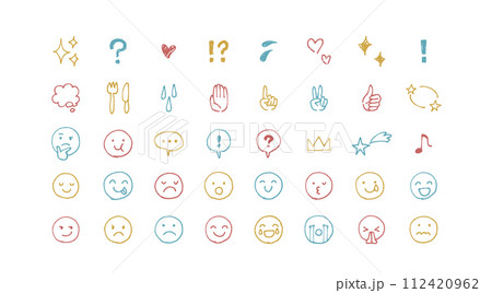 シンプルでかわいい手描きの装飾イラストセット　表情　絵文字　感情　閃き　疑問　表情　お洒落　落書き 112420962