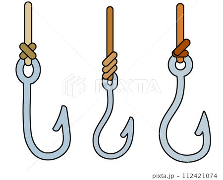 Fishing hook. Metal fishhook for bait, fish trap. Equipment of fisherman. Cartoon icon isolated on white background. Decoration of water, pond, hobby. Fishing hook. Metal fishhook for bait, fish trap. Equipment of fisherman. Cartoon icon isolated on white background. Decoration of water, pond, hobby. 112421074