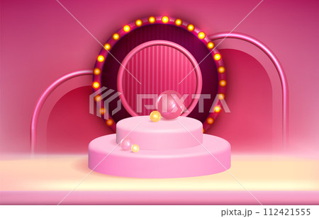 Realistic circle stage with round frame and glowing light bulbs 112421555