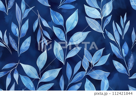 A blue leafy pattern is painted on a blue background A blue leafy pattern is painted on a blue background 112421844
