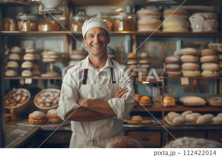 baker man with his products on the shelves 112422014
