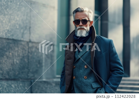 A man in a blue coat and sunglasses stands in front of a building 112422028
