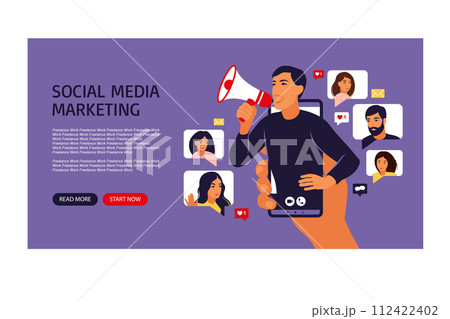 Man in smartphone shouting in loud speaker. Influencer or social marketing banner, flyer, web page. Social media account promotion, audience or followers growth. People hold mobile phones and chat. 112422402