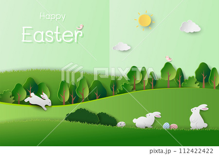 Paper art Easter's day concept with white rabbits happy in the garden on sunshine day Paper art Easter's day concept with white rabbits happy in the garden on sunshine day 112422422