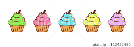 Vector Set of Muffins. Colorful Doodle Cupcake Icons Isolated on White Background. Vibrant Desserts 112422480
