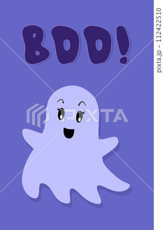 Boo text. Vector Poster. Cute Halloween Ghost on Blue Background with Lettering. Greeting Card in Flat Cartoon style 112422510