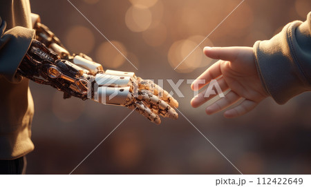 A child touches the robot's hand A child touches the robot's hand 112422649