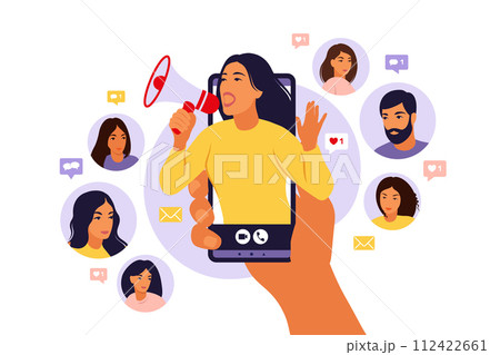 Hands holding smartphone with a girl shouting in loud speaker. Influencer marketing, social media or network promotion. Blogger promotion services and goods for her followers online. Vector. Hands holding smartphone with a girl shouting in loud speaker. Influencer marketing, social media or network promotion. Blogger promotion services and goods for her followers online. Vector. 112422661