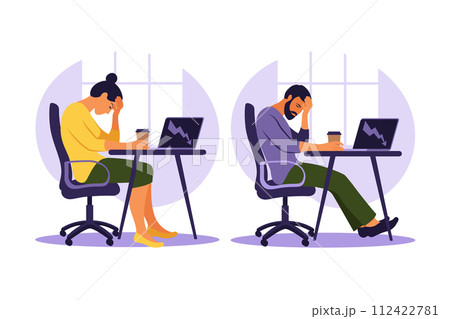 Professional burnout syndrome. Illustration tired office worker sitting at the table. Frustrated worker, mental health problems. Vector illustration in flat. 112422781